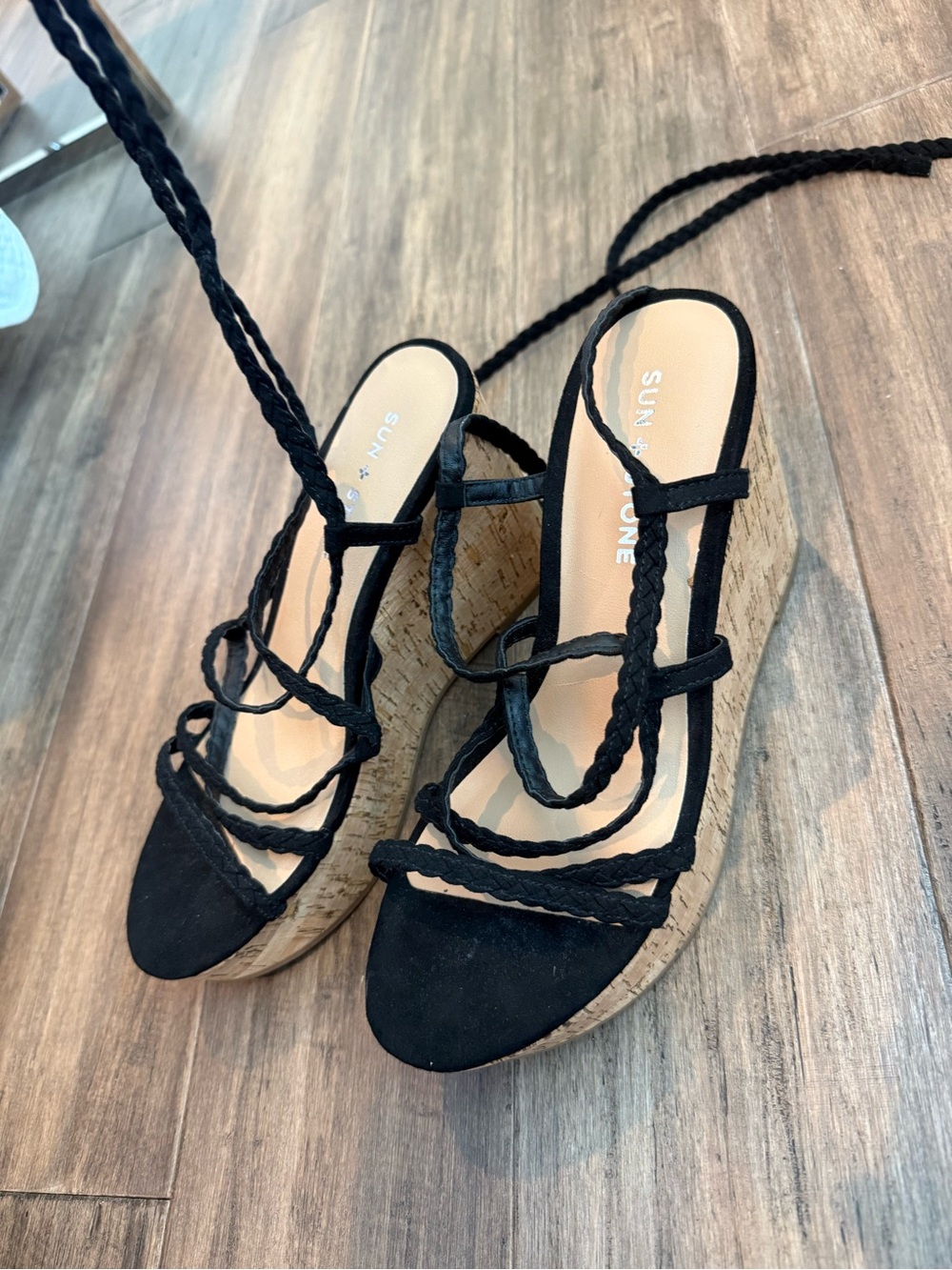 Sun + Stone Black Braided Lace-Up Cork Wedges
